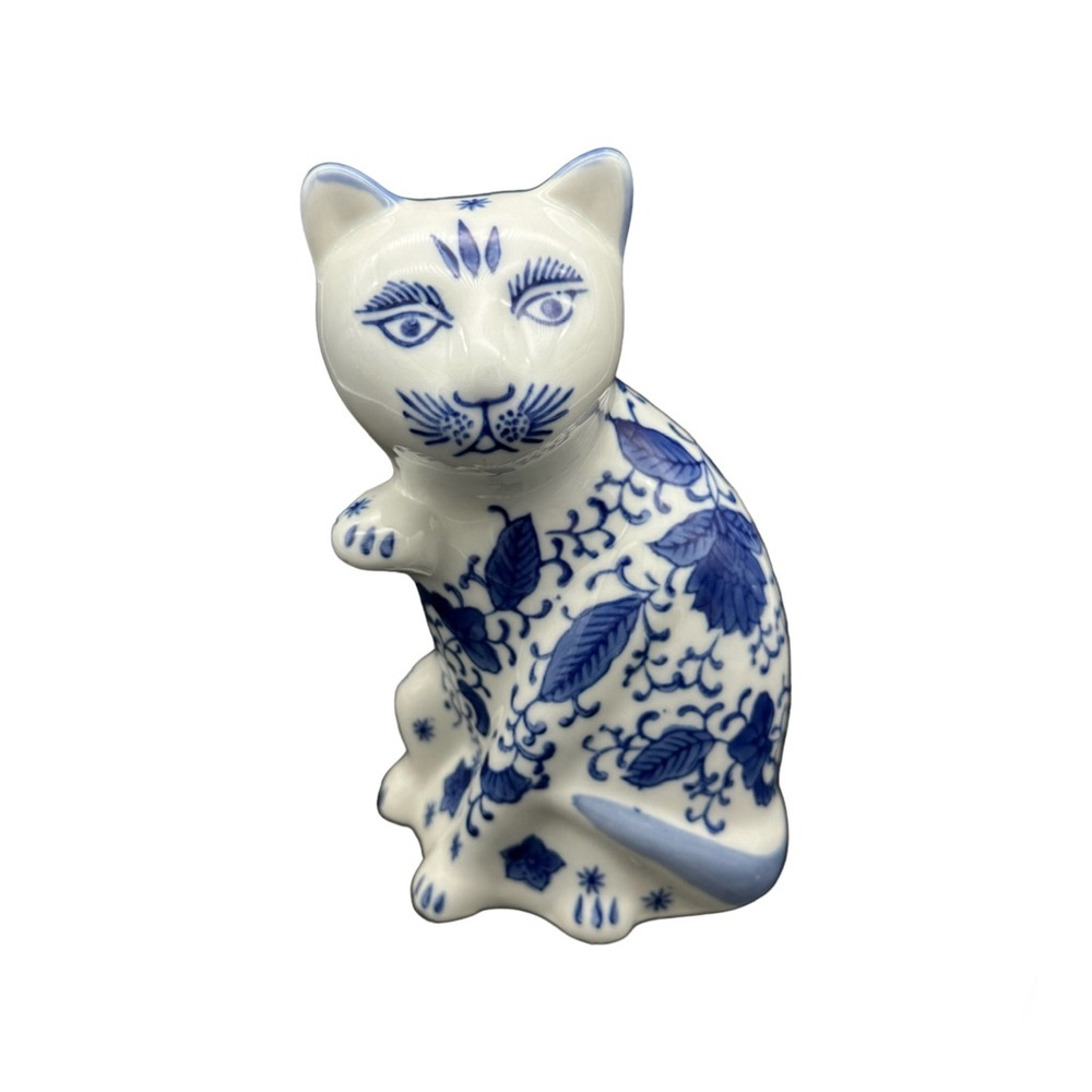 Vintage Blue and White Chinoiserie Qing Dynasty Porcelain Cat Figurine